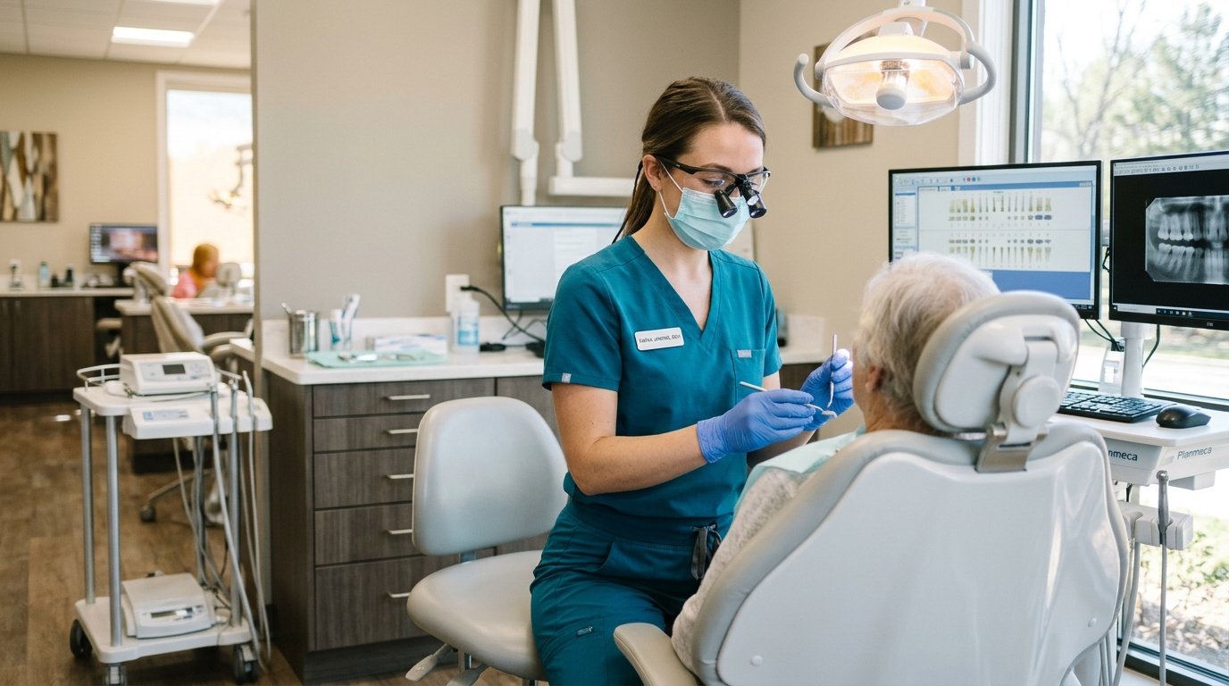 Registered dental hygienist with loupes and protective gear providing patient care in a modern dental office