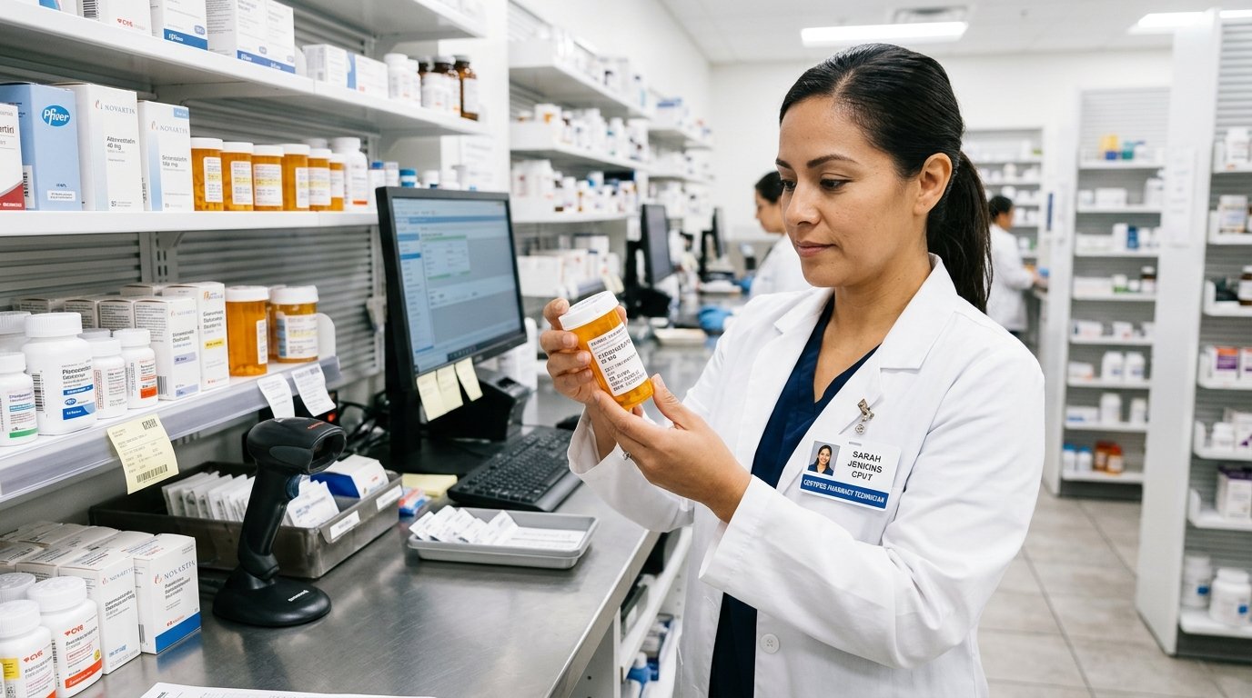 Certified pharmacy technician compounding intravenous medications in a clean hospital laboratory