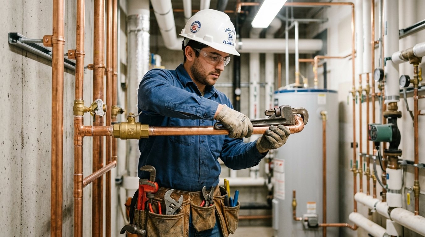 Professional plumber assembling copper piping and valves in a commercial building