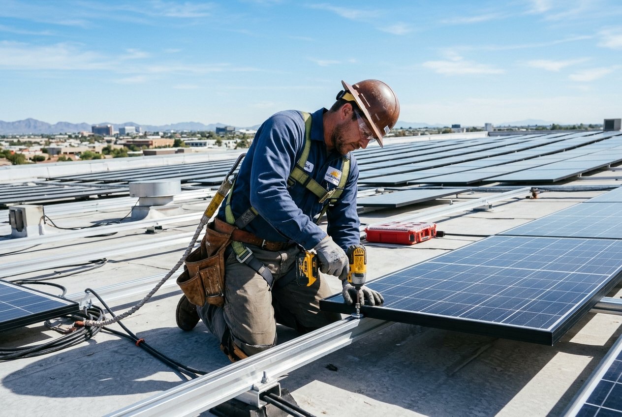 American solar photovoltaic installer securing commercial solar panels on a commercial building rooftop