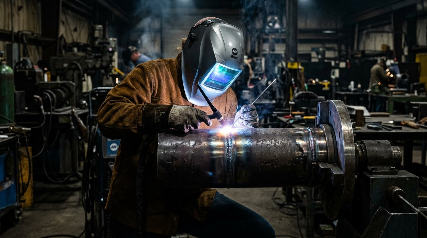 Certified welder with auto-darkening helmet performing precision TIG welding on industrial pipe